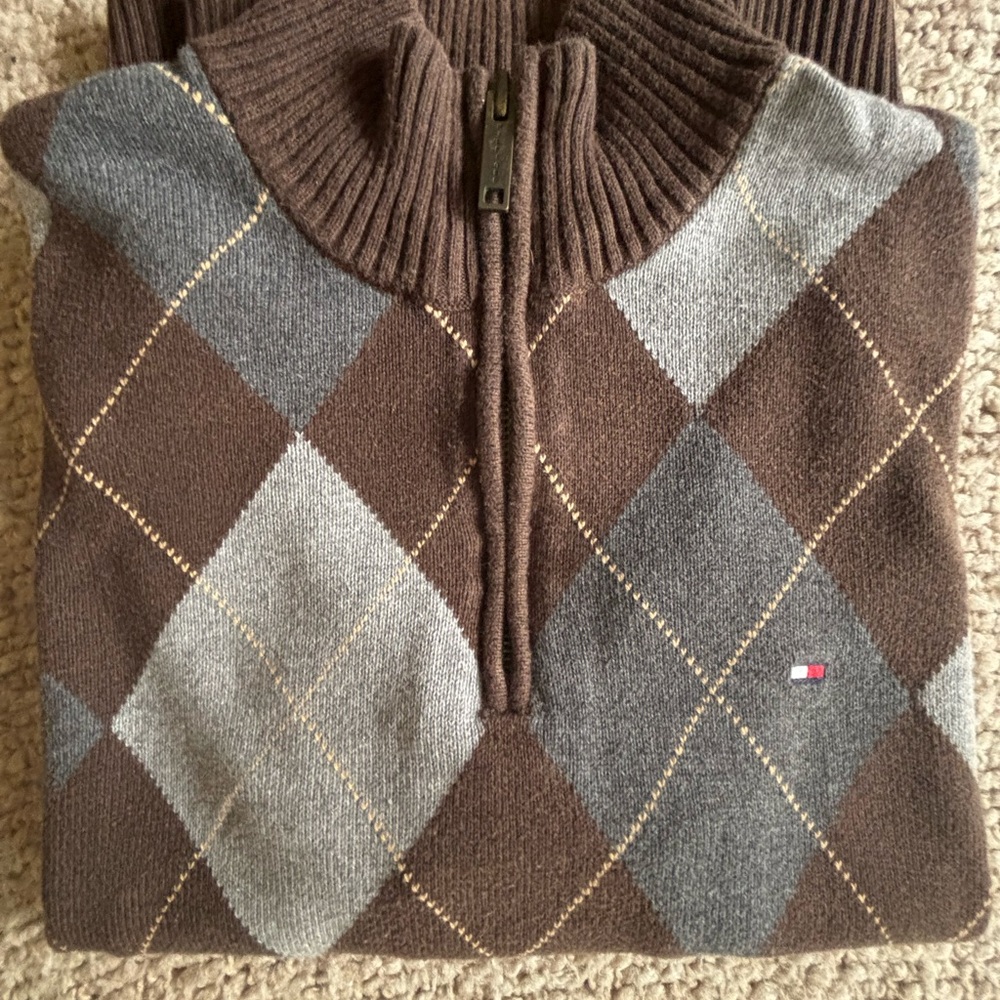 Tommy Hilfiger Plaid Sweater |Size Small| Dark Brown Light & Dark Gray w/zipper